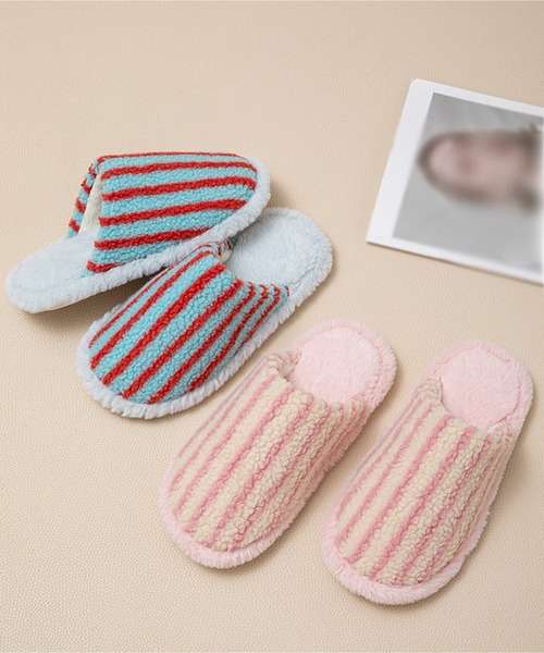 LA VORAGINE（ラ ヴォラジネ） スリッパ 温かストライプ柄ファー