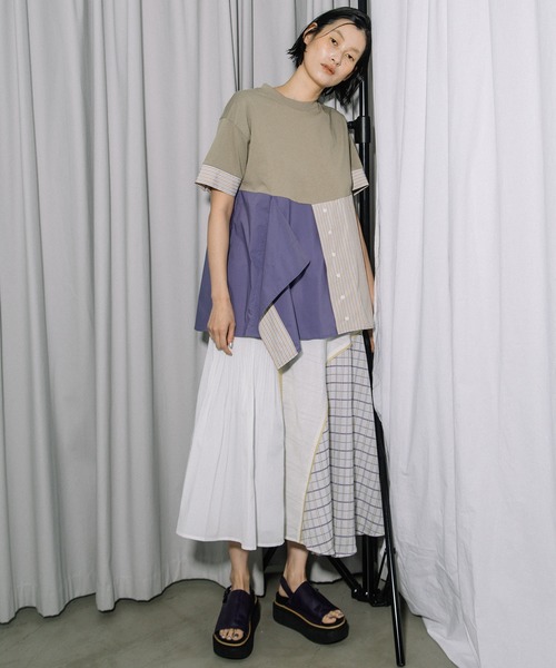 tシャツ コンビネーションデザイントップス レディースの画像