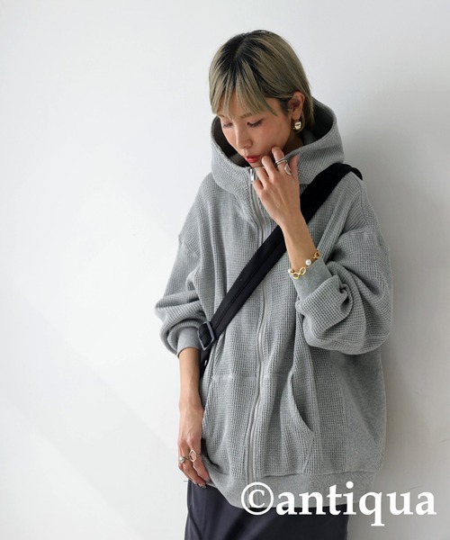 「antiqua」 ジップアップパーカー ONESIZE スミクロ レディース_画像3