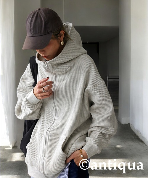 「antiqua」 ジップアップパーカー ONESIZE スミクロ レディース_画像7