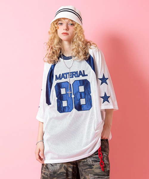 tシャツ a.p.o.v. ナンバリングワッペン＆サテンライン切替メッシュ