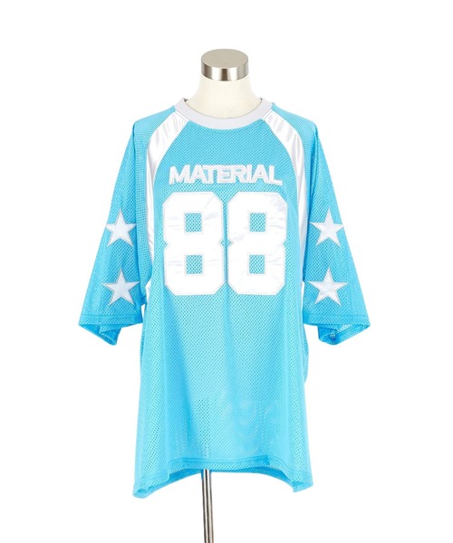 ナンバリング フットボールシャツ ホワイト パープル 89 tシャツ a.p.o.v. ナンバリングワッペン＆サテンライン切替メッシュ