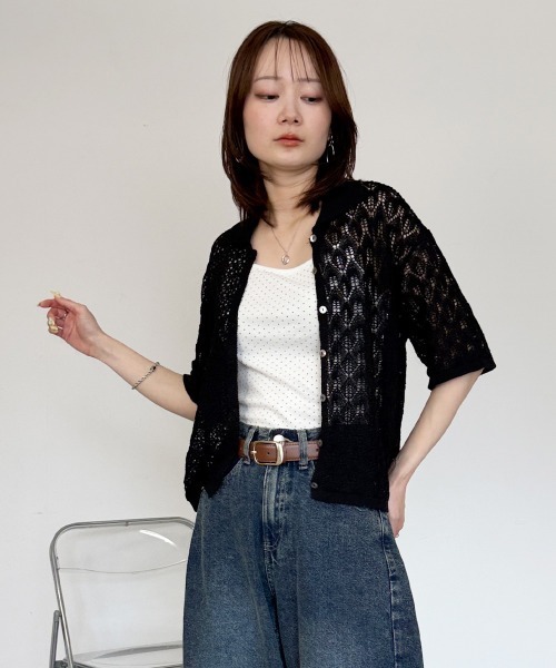 【美品】René 透かし編み模様　パフスリーブ半袖　ニットカーディガン白 mellomela. カーディガン 半袖 透かし編み半袖ニットカーディガン