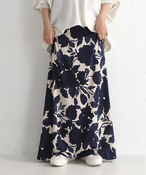 ANTIQUA Aラインロングスカート ネイビー 花柄 アンティカ 裏地付き antiqua 花柄 ロングスカート スカート レディース ボトムス ロング