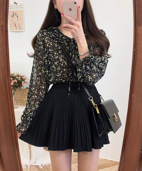 スカート シフォンハイウエストプリーツAラインスカートミニスカート  