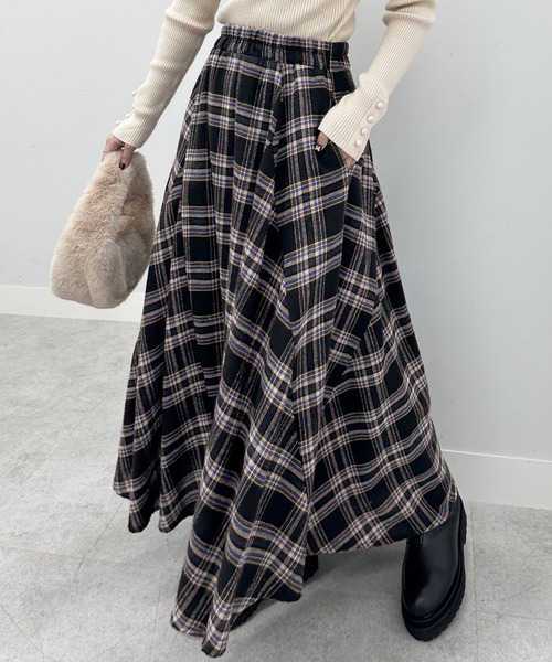 Viola e スカート 「再入荷決定」ふんわりチェック柄フレアーマキシ