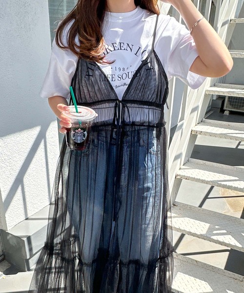 andme（アンドミー） ワンピース 夏 フロントリボンチュールキャミ