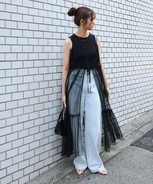 andme（アンドミー） ワンピース 夏 フロントリボンチュールキャミ