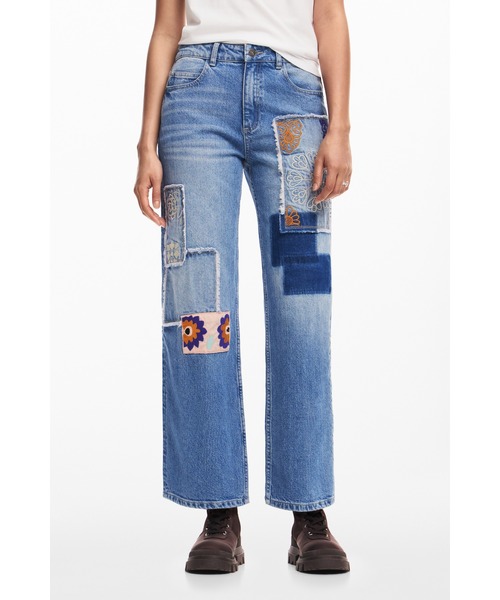 デシグアル] 6サイズ展開/34/44 フラワー刺繍ストレートデニムパンツ