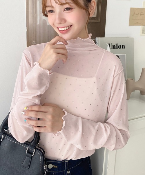 moment+ tシャツ ラインストーンシアータートルメロープルオーバー