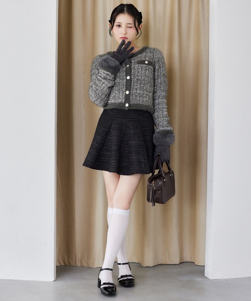 韓国♡ミックスカラー ニット3点セットカーディガン トップス ミニスカート セットアップ】チェック柄 カーディガン＋ミニスカート SET UP ニット