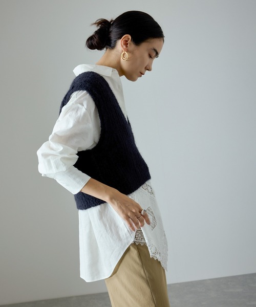 SALON adam et rope' ブラウス シャツ ヘムクロスレースシャツ