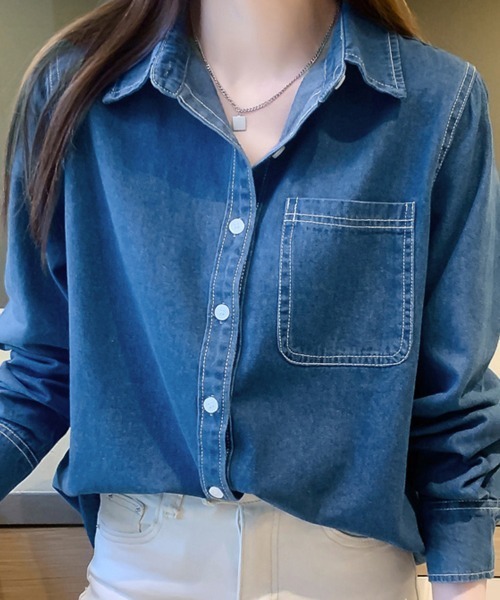 ブラウス シャツ ボタン付きデニム柄シャツ レディース : ZOZOTOWN