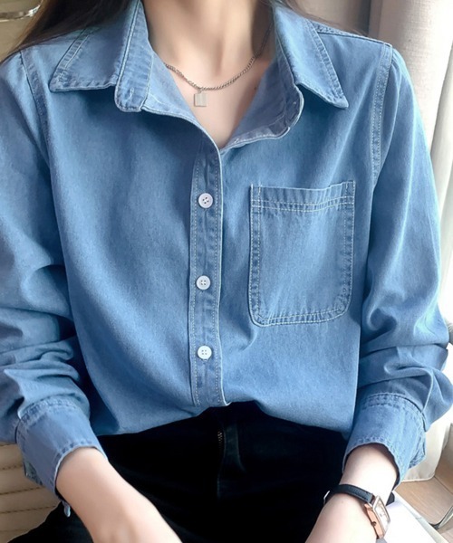 ブラウス シャツ ボタン付きデニム柄シャツ レディース : ZOZOTOWN