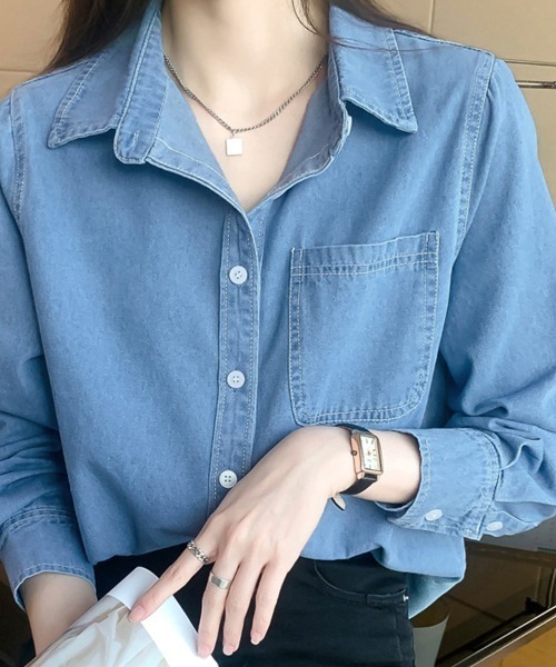 ブラウス シャツ ボタン付きデニム柄シャツ レディース : ZOZOTOWN
