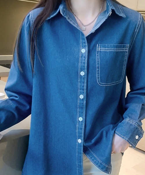 ブラウス シャツ ボタン付きデニム柄シャツ レディース : ZOZOTOWN