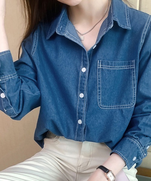 ブラウス シャツ ボタン付きデニム柄シャツ レディース : ZOZOTOWN