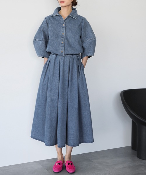 ELFRANK セットアップ ランタンスリーブデニムブラウス・タックフレア