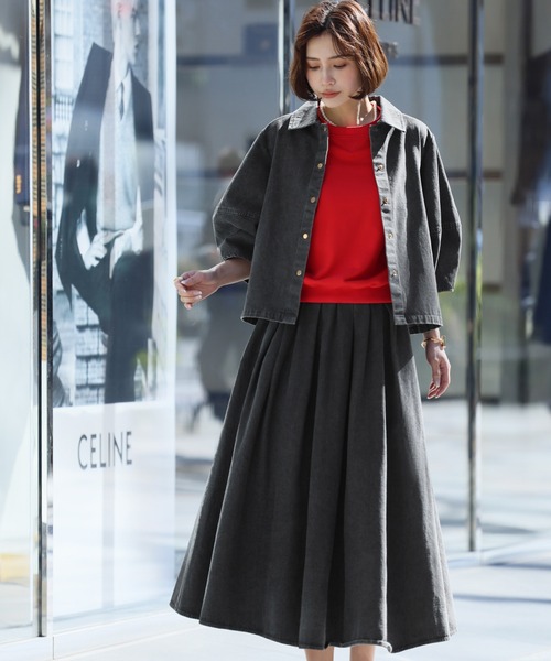 ELFRANK セットアップ ランタンスリーブデニムブラウス・タックフレア