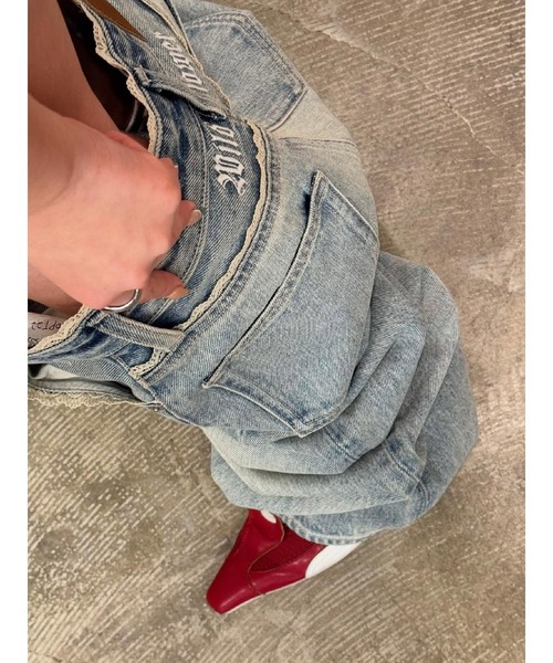 [残り1週間ほど]EVRIS レースグラフィックワイドデニムパンツ M EVRIS ジーンズ デニム デニムパンツ 「再生産！」レース