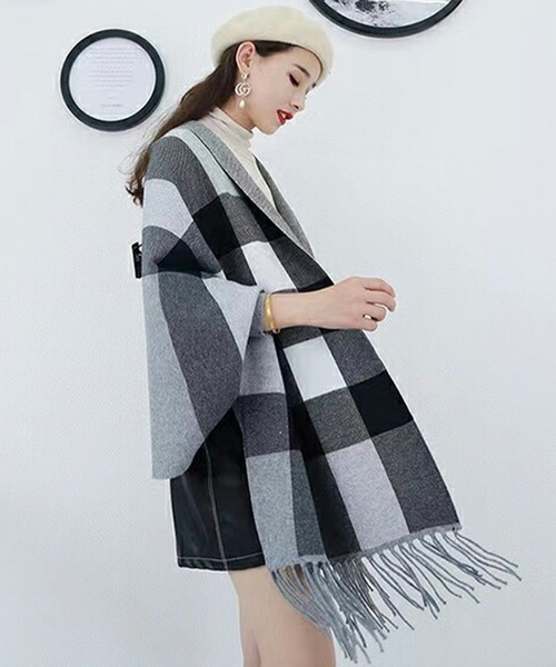 LUMIRA カーディガン ストール風袖付きフリンジカーディガン