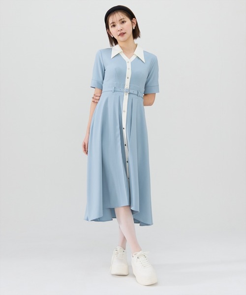 シャツワンピース バイカラー Aライン エレガント 半袖 S~XL axes femme｜柄切替バイカラーシャツワンピ | Rakuten Fashion