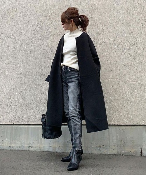 「Riberry」 ノーカラーコート MEDIUM ブラック レディース_画像3