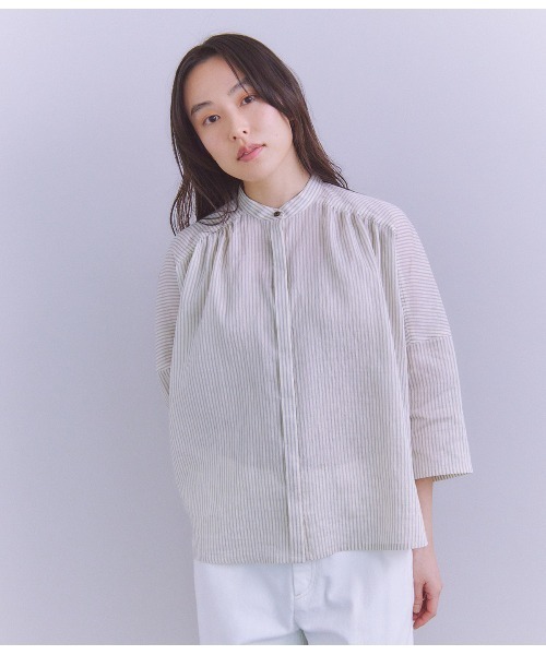 ブラウス シャツ 「ACAR」Thin Stripe ピンタックギャザーブラウス レディース