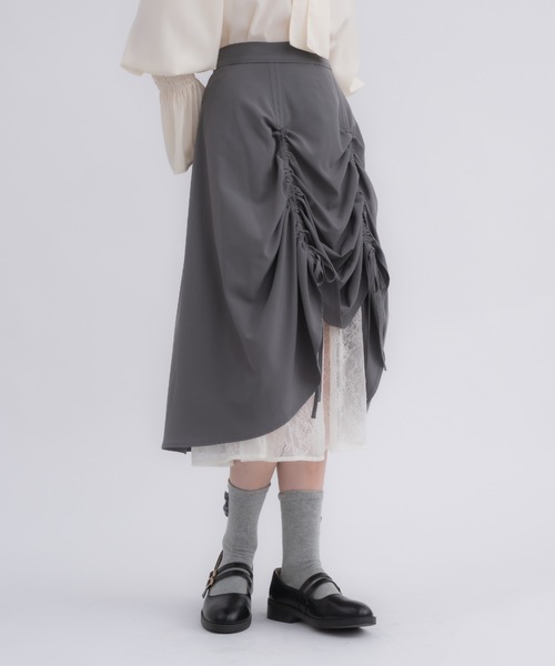 28600円　新品未使用　archivio グレー サイドストライプ スカート スカート lace layered drawstring skirt／レースレイヤード