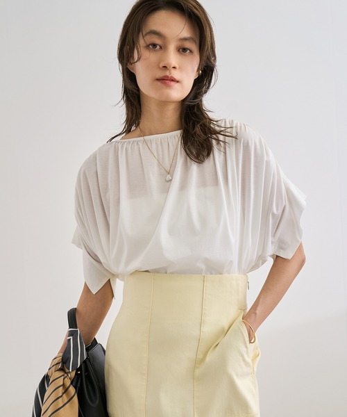【ホワイト（10）】【洗える】クリア天竺ギャザー半袖プルオーバー/お仕事服 ROPE'（ロペ） tシャツ 「洗える」クリア天竺ギャザー半袖プルオーバー