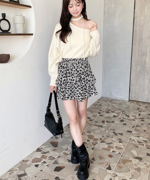 moment+ スカート ティアードレオパードスウェットスカート