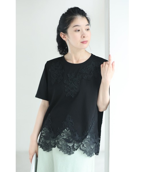 BLESS 半袖 Tシャツ レース装飾 ブラック cawaii tシャツ 半袖 （黒）デコレーションレースのエレガントTシャツ