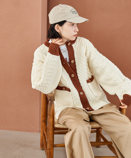 van ベージュ パッチワーク ニットカーディガン セール】パッチワークニットカーディガン（カーディガン/ボレロ）｜KBF