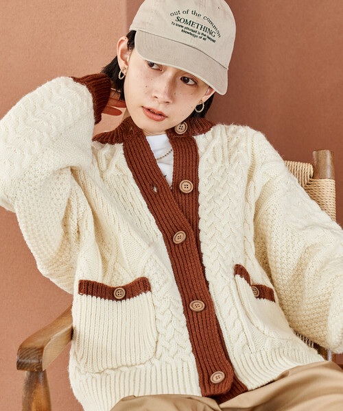 van ベージュ パッチワーク ニットカーディガン FREAK'S STORE（フリークスストア） カーディガン パッチワーク