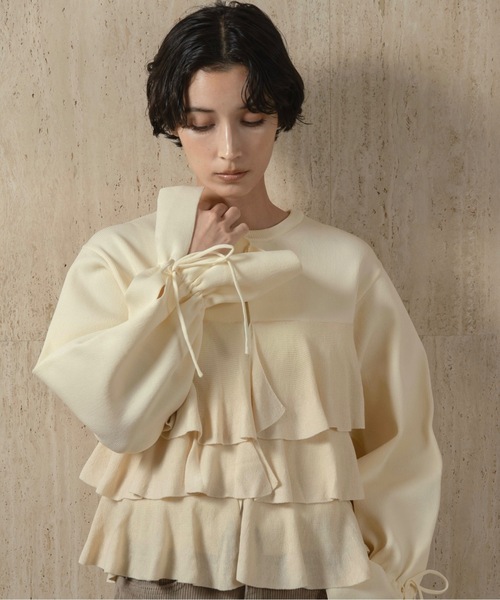 lawgy（ラウジー） カーディガン ribbon gather cuffs frill cardigan