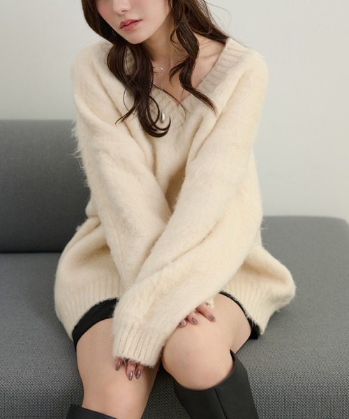 エンフォルド ニット セーター  Vネック オーバーサイズ ウール 長袖 ニット セーター v neck shaggy oversize knit pullover /Vネック