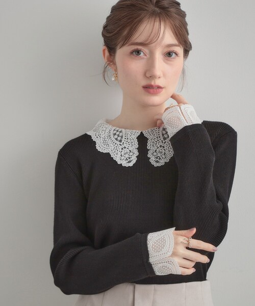 【新品タグ付き】アメノチハレ　レース襟付きギャザースリーブニット 長袖　ネイビー Machine-washable】レース襟付きギャザースリーブニット – Ame no chi Hare