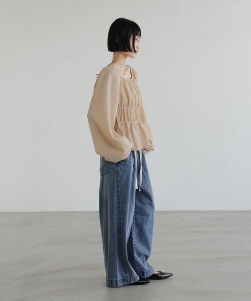 未使用 ローリーズファーム オフショルシャーリングブラウス ブルー LOWRYS FARM（ローリーズファーム） tシャツ オフショルシャーリング