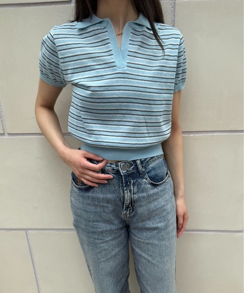 ポロシャツ ポロ LINEN STRIPED COLLAR KNIT レディース