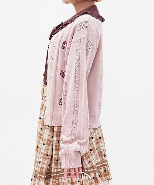 axes femme POETIQUE カーディガン バラ刺繍ダイヤ柄ニット