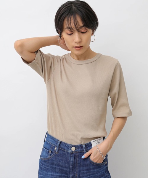 tシャツ 変形タック5分袖クルーネックプルオーバー レディース ikka tシャツ 前後2WAY袖タックプルオーバー レディース