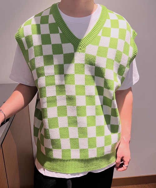 セーター ニット 「ATTENTION」チェッカーニットベスト Vネック