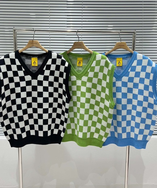 セーター ニット 「ATTENTION」チェッカーニットベスト Vネック