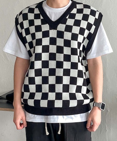 セーター ニット 「ATTENTION」チェッカーニットベスト Vネック