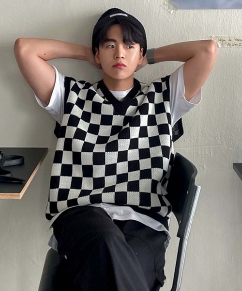 セーター ニット 「ATTENTION」チェッカーニットベスト Vネック