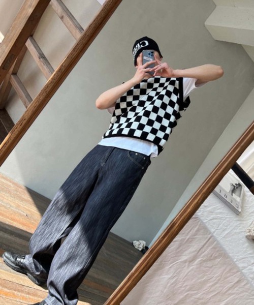 セーター ニット 「ATTENTION」チェッカーニットベスト Vネック