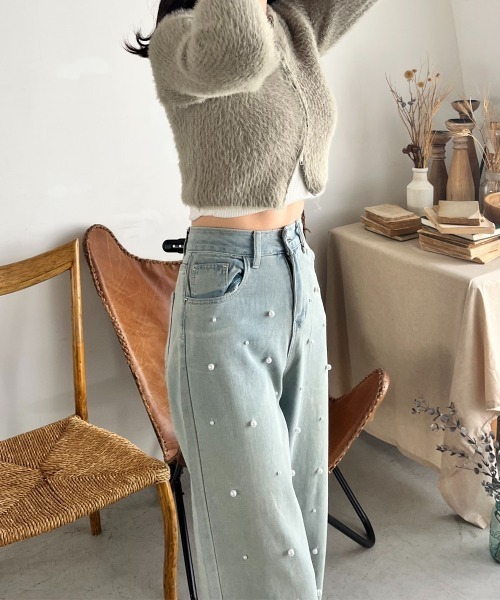 パンツ デニム ジーンズ パール付きワイドデニムパンツ