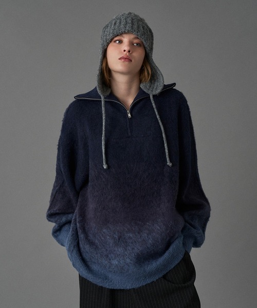 PEARLY GATES ハーフジップ セーター ネイビー　L-XL ONCILY セーター ニット HALF ZIP SHAGGY ASSORT VOLUME KNIT