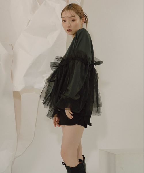 トレーナー スウェット Wrapping over チュールスウェット レディース Ezick トレーナー スウェット Wrapping over チュールスウェット