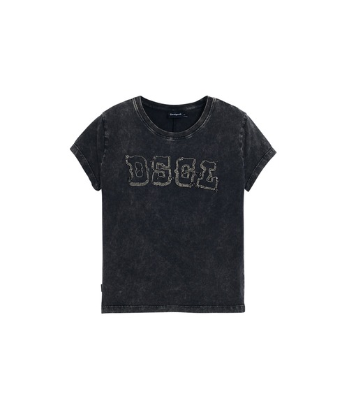 tシャツ ウォッシュ加工 ミニ丈Y2KロゴTシャツ ブラック レディース